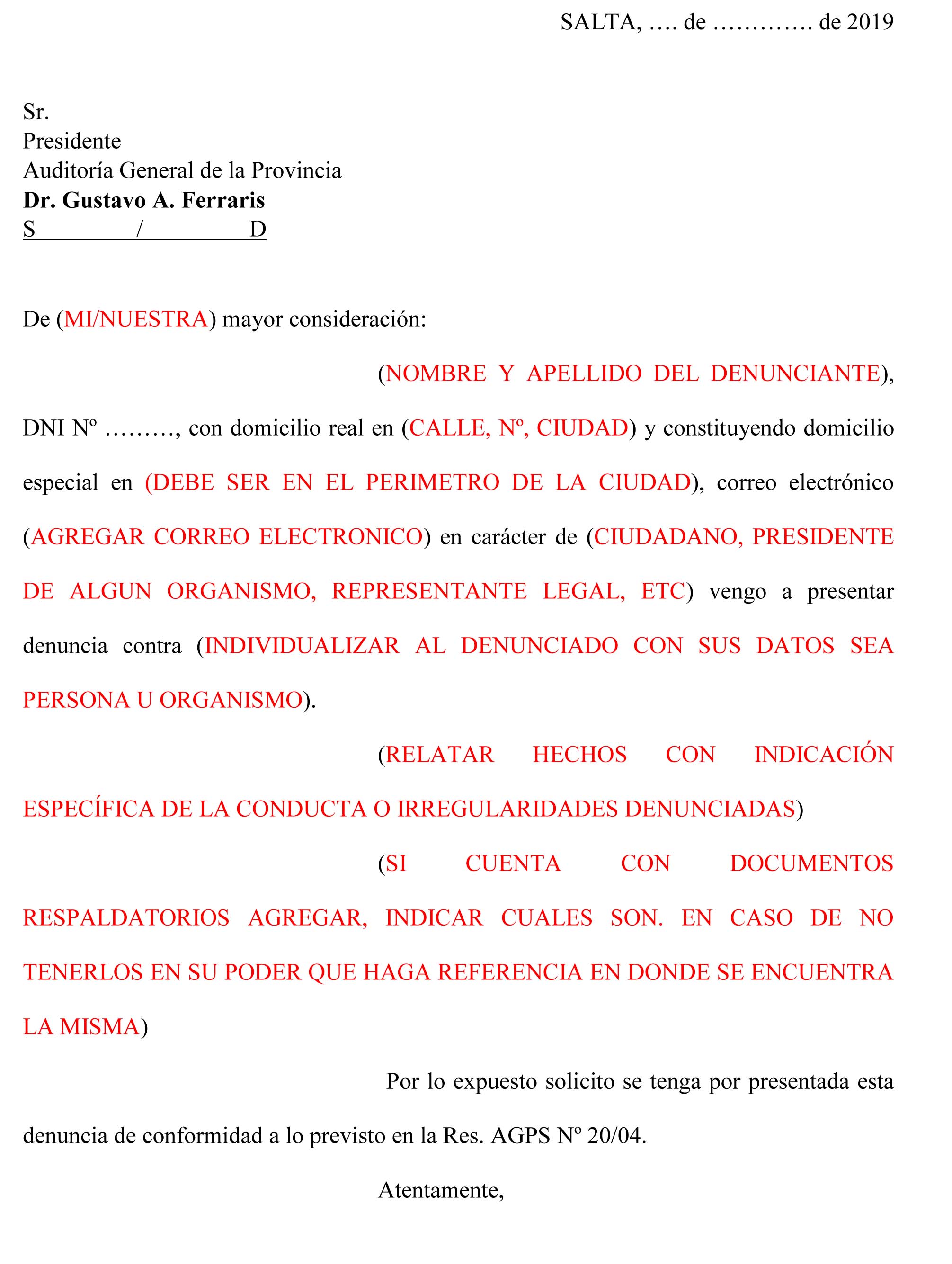 Formulario de denuncia » Auditoria General de la Provincia de Salta » AGP  Salta